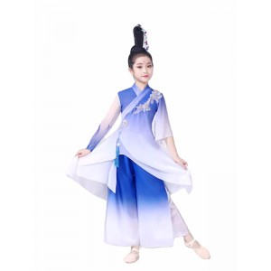 Chinese ancient folk classical traditional dance Costumes for kids girls blue fairy chinese princess hanfu yangge umbrella flowing dance clothes for kids 